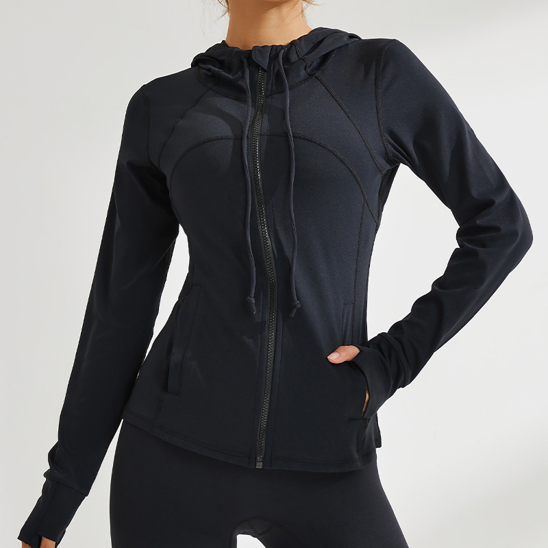 black yoga top hooded running jacket